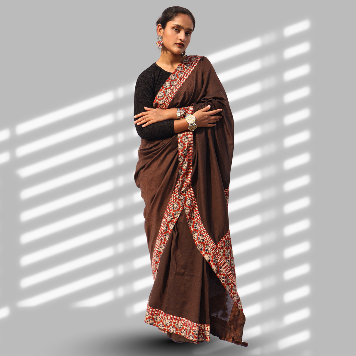 Brown Double Patchwork Saree
