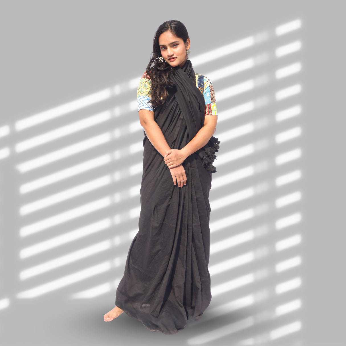Nisha Black Cotton Saree with Patchwork Blouse