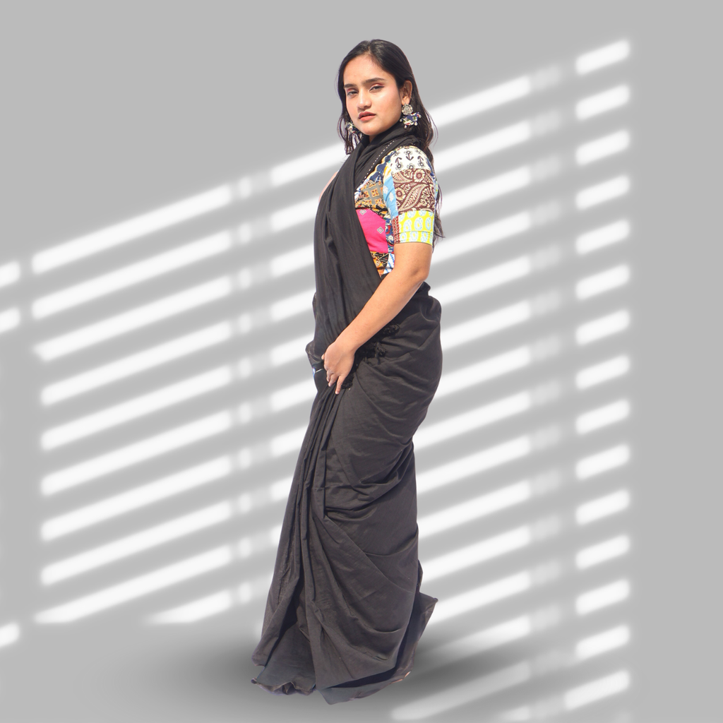 Nisha Black Cotton Saree with Patchwork Blouse