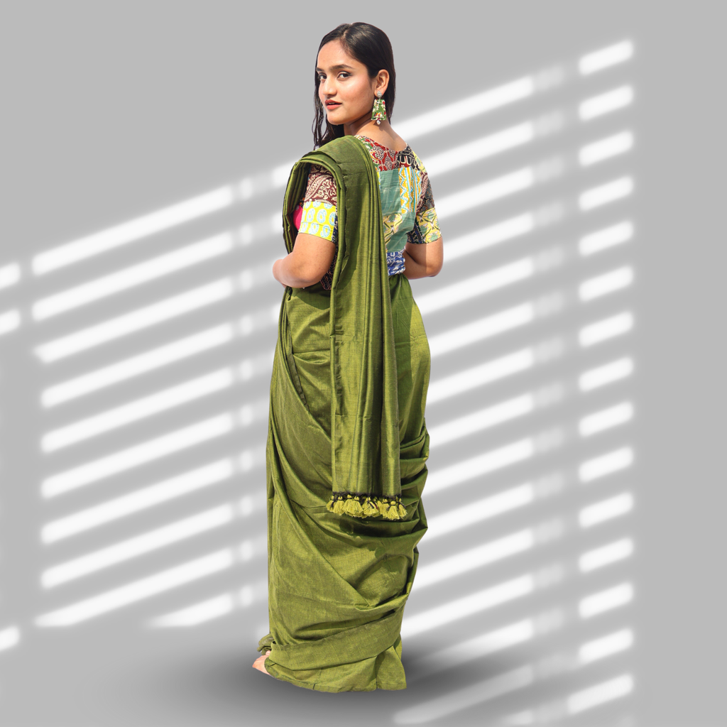Vanya Olive Green Cotton Saree with Patchwork Blouse