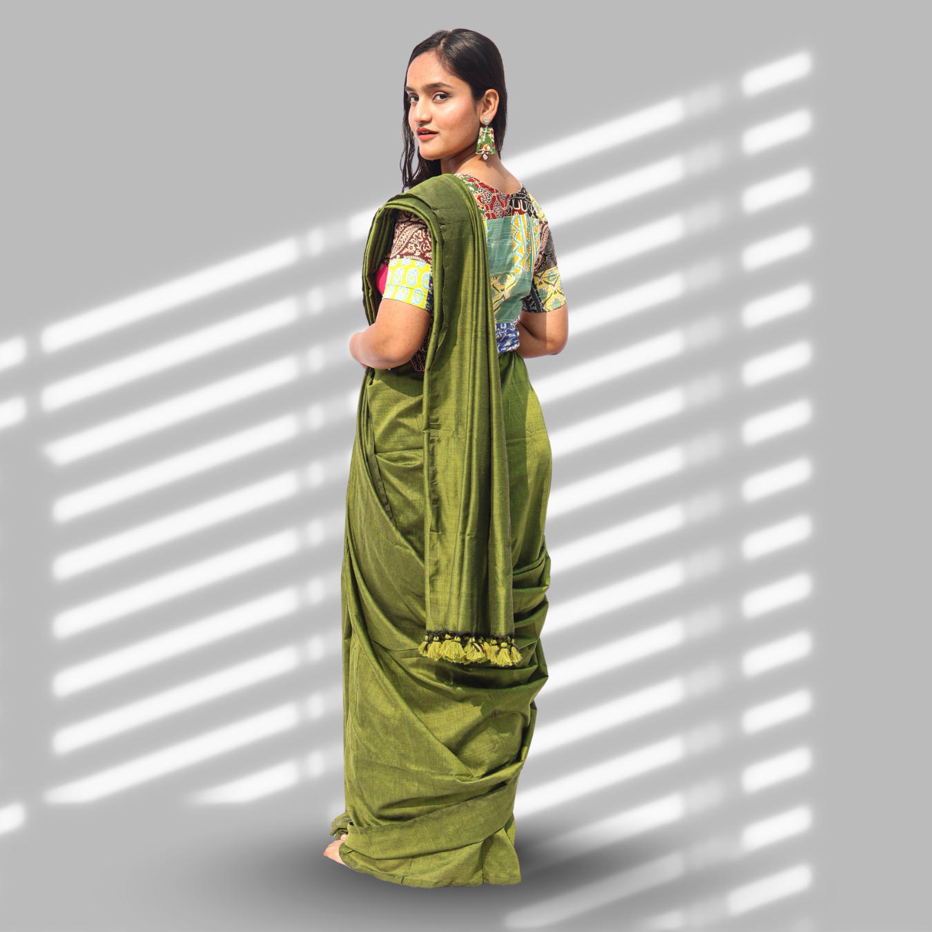 Vanya Olive Green Cotton Saree with Patchwork Blouse
