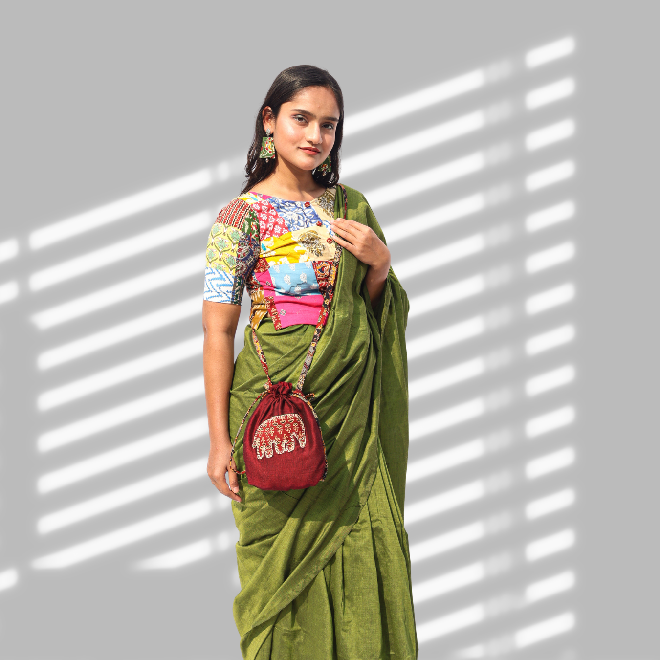 Vanya Olive Green Cotton Saree with Patchwork Blouse