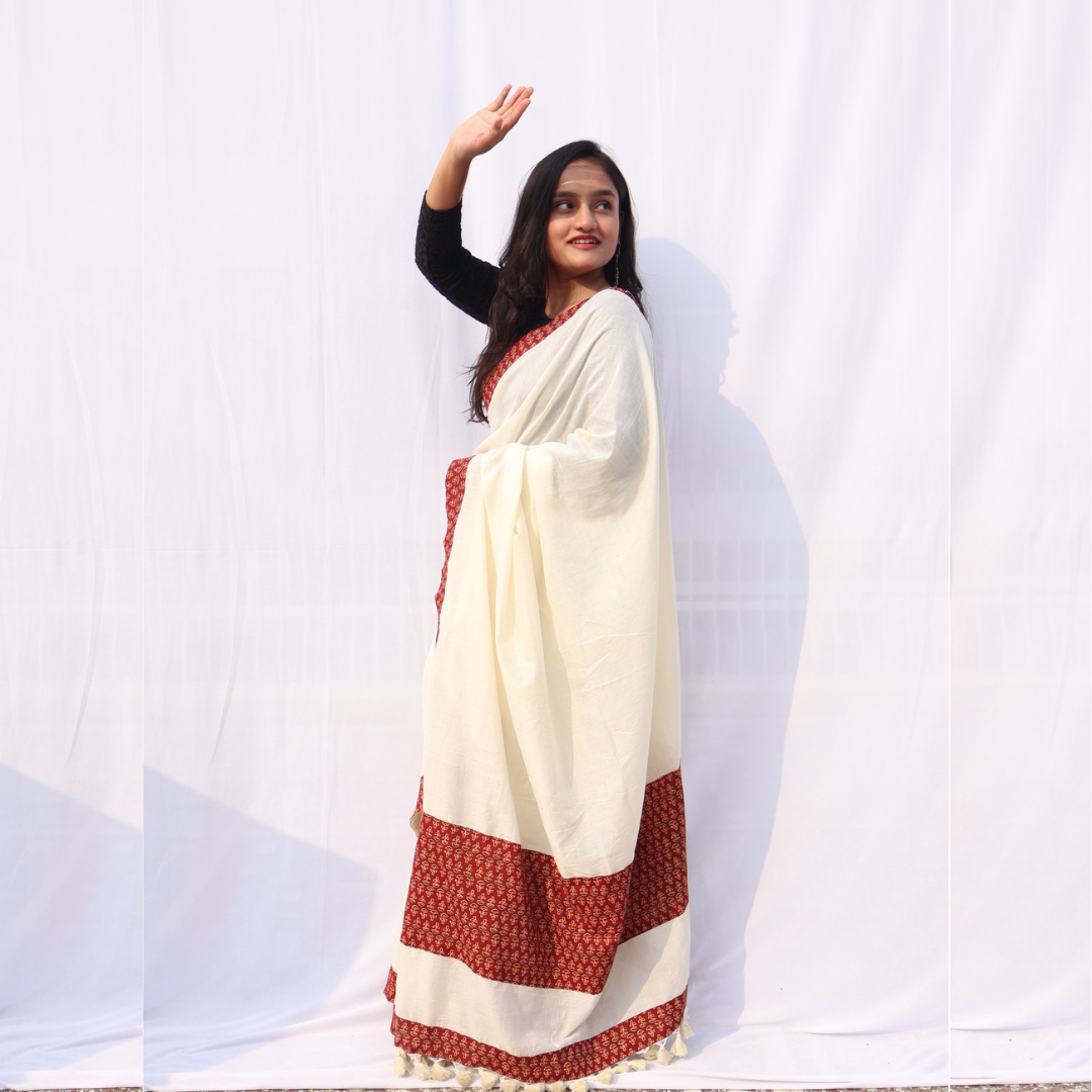 Mrid Off-White Patch Saree
