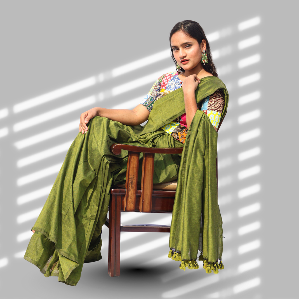Vanya Olive Green Cotton Saree with Patchwork Blouse