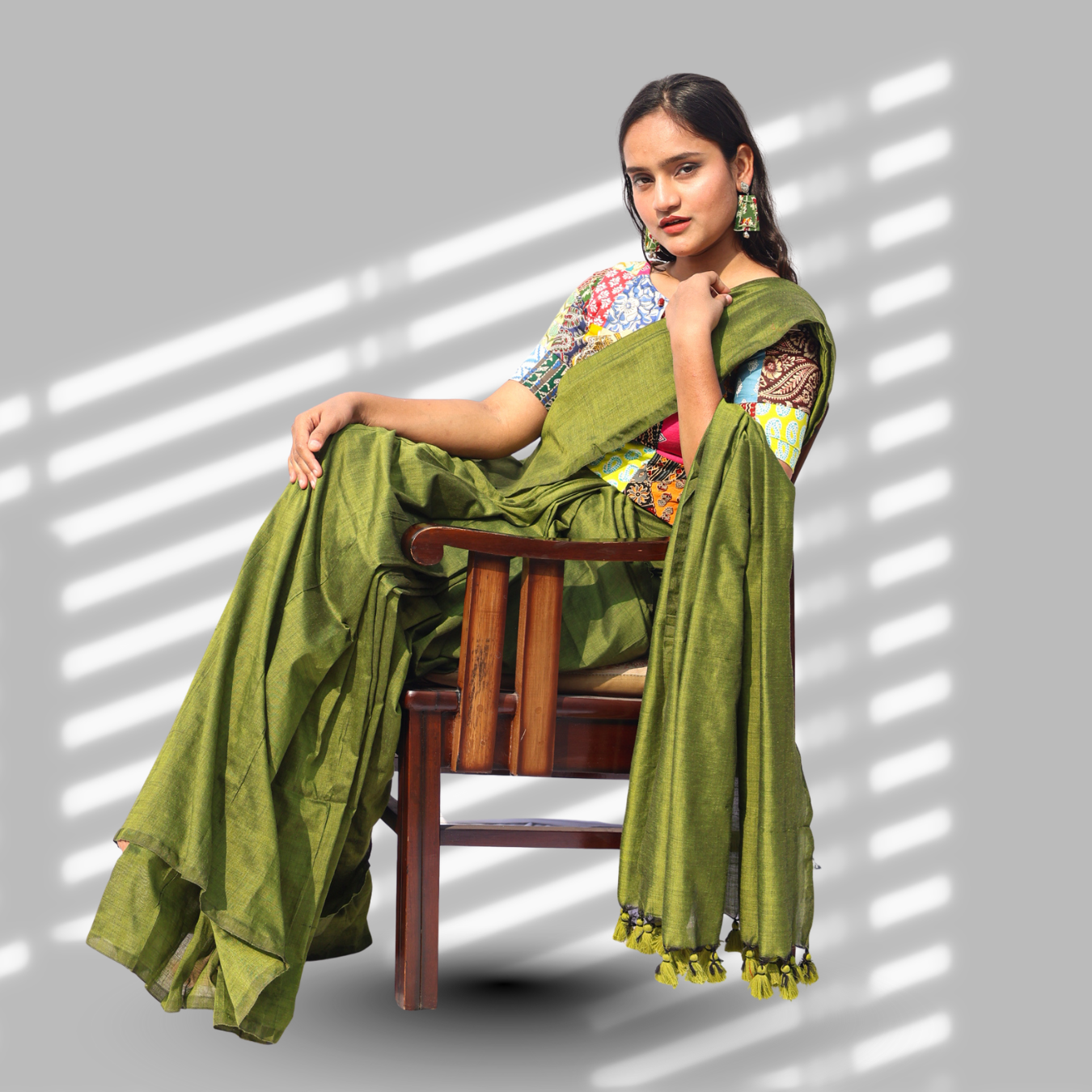 Vanya Olive Green Cotton Saree with Patchwork Blouse