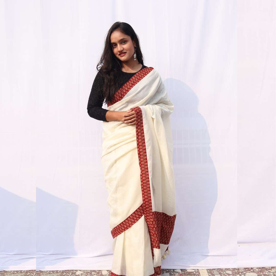 Mrid Off-White Patch Saree