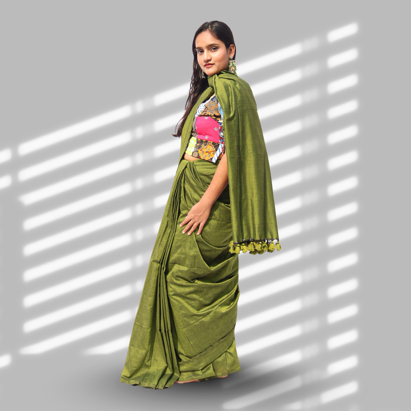 Vanya Olive Green Cotton Saree with Patchwork Blouse