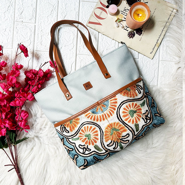 Lilly Pastel Blue Chain Stitch Hand Embroidery Canvas Tote Bag