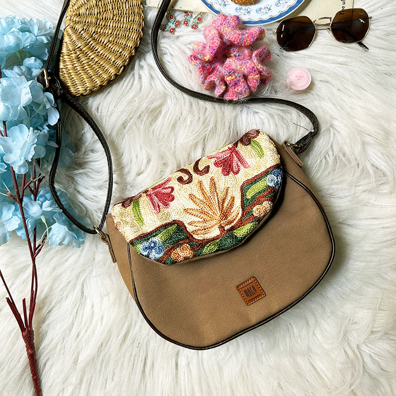 Sillica Beige Chain Stitch Hand Embroidery Canvas Sling Bag