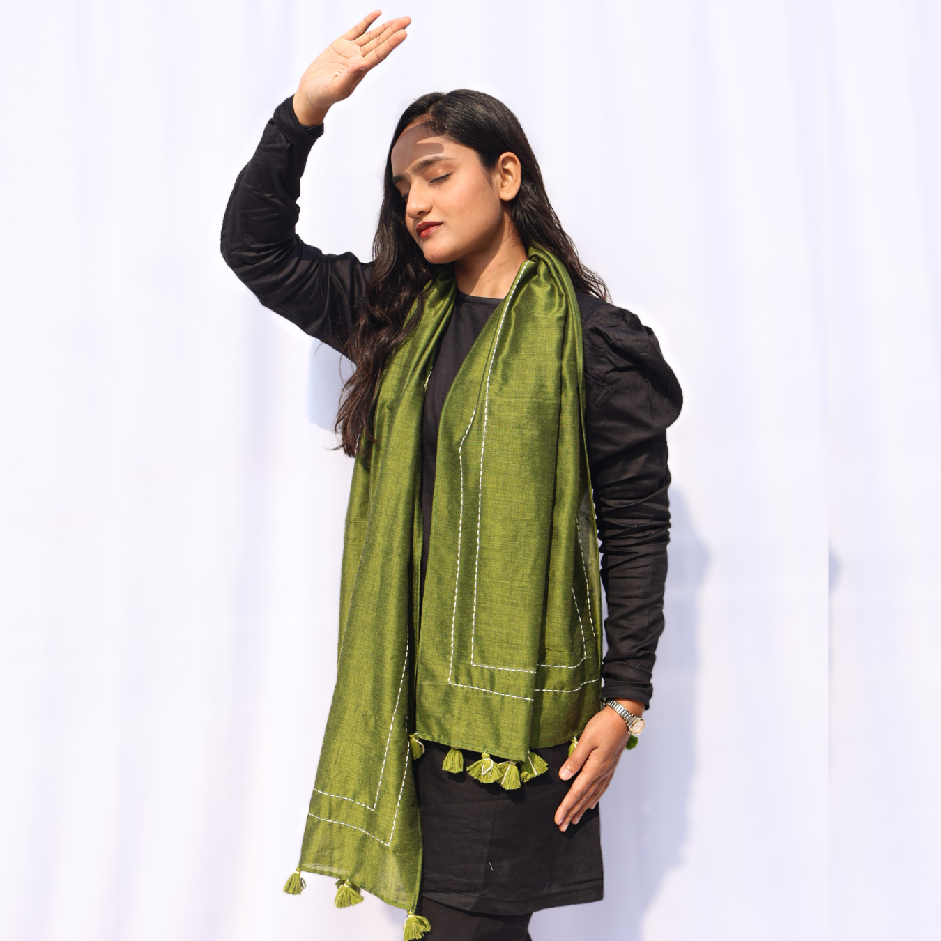 Kantha Dark Olive Green Stole