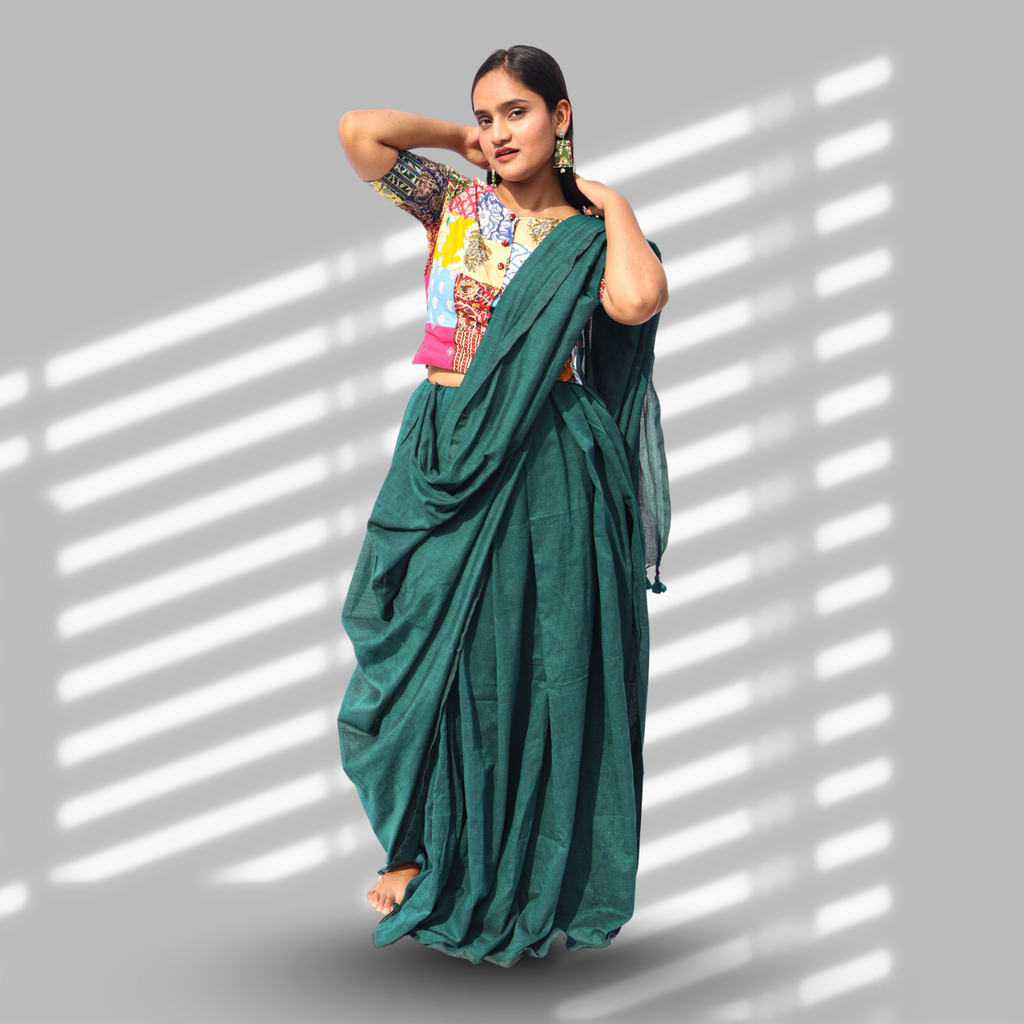 Mayuri Peacock Green Cotton Saree with Patchwork Blouse