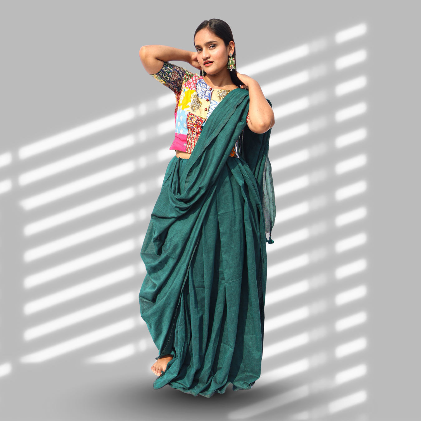 Mayuri Peacock Green Cotton Saree with Patchwork Blouse