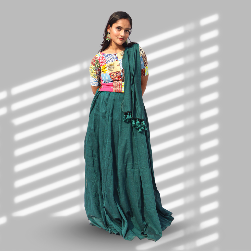 Mayuri Peacock Green Cotton Saree with Patchwork Blouse