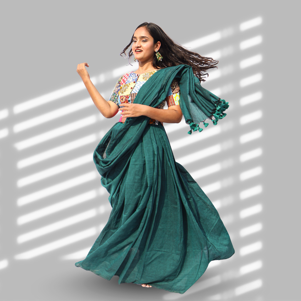 Mayuri Peacock Green Cotton Saree with Patchwork Blouse