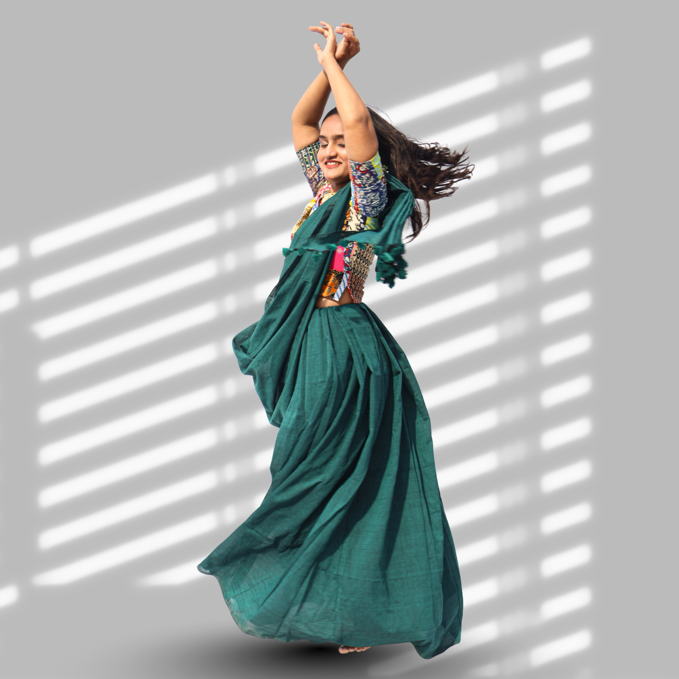 Mayuri Peacock Green Cotton Saree with Patchwork Blouse