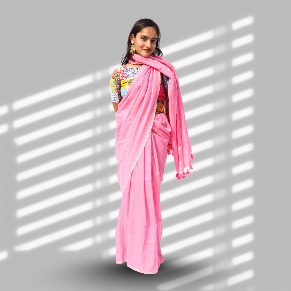 Suhani Pink Cotton Saree with Patchwork Blouse