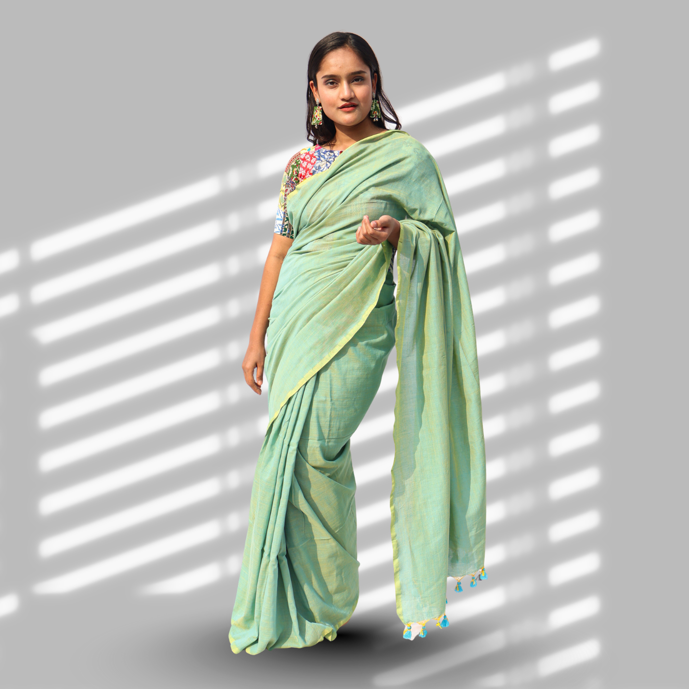 Pallavi Pastel Green Cotton Saree with Patchwork Blouse