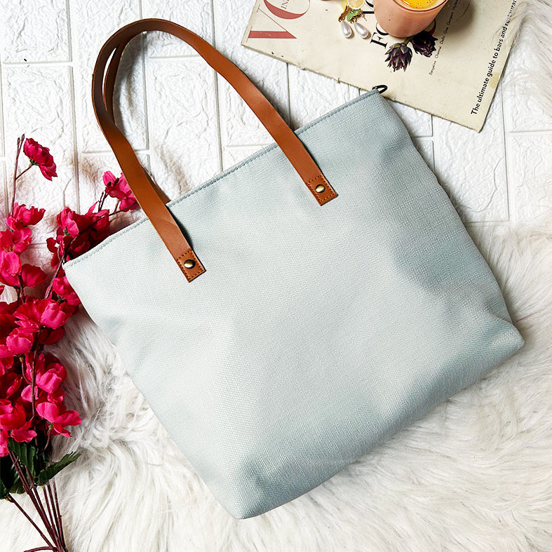 Lilly Pastel Blue Chain Stitch Hand Embroidery Canvas Tote Bag