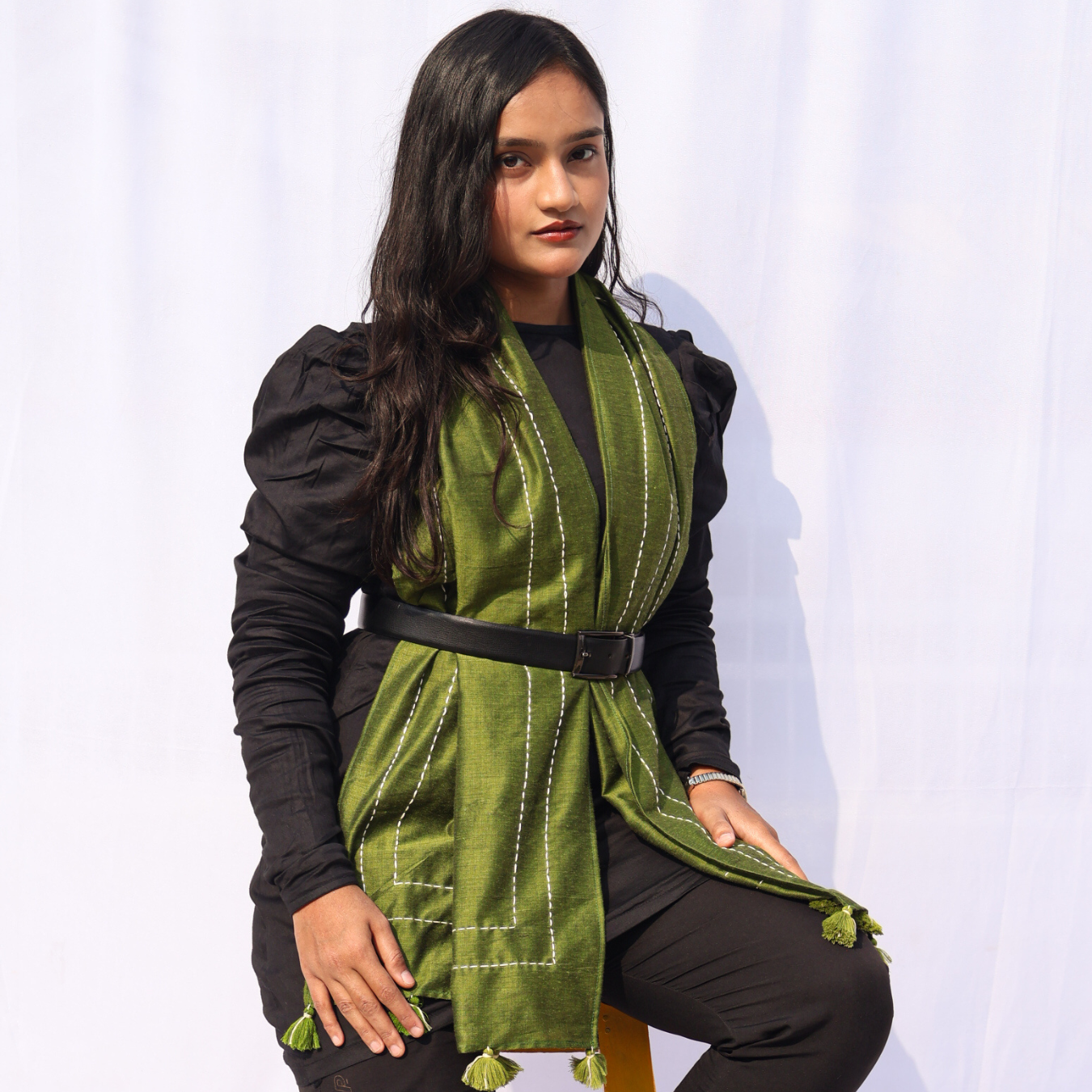 Kantha Dark Olive Green Stole