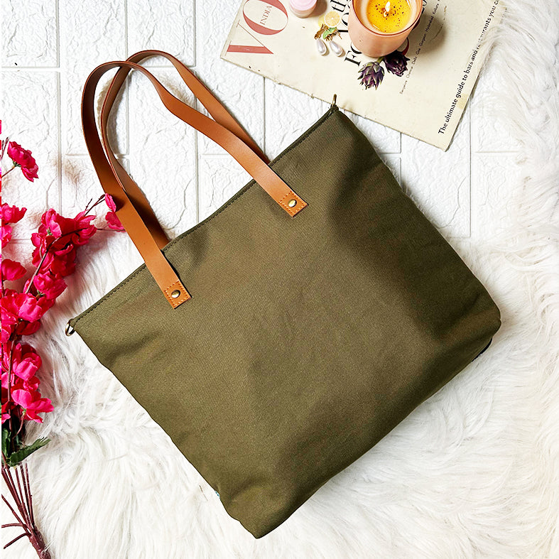 Lilly Olive green Chain Stitch Hand Embroidery Canvas Tote Bag