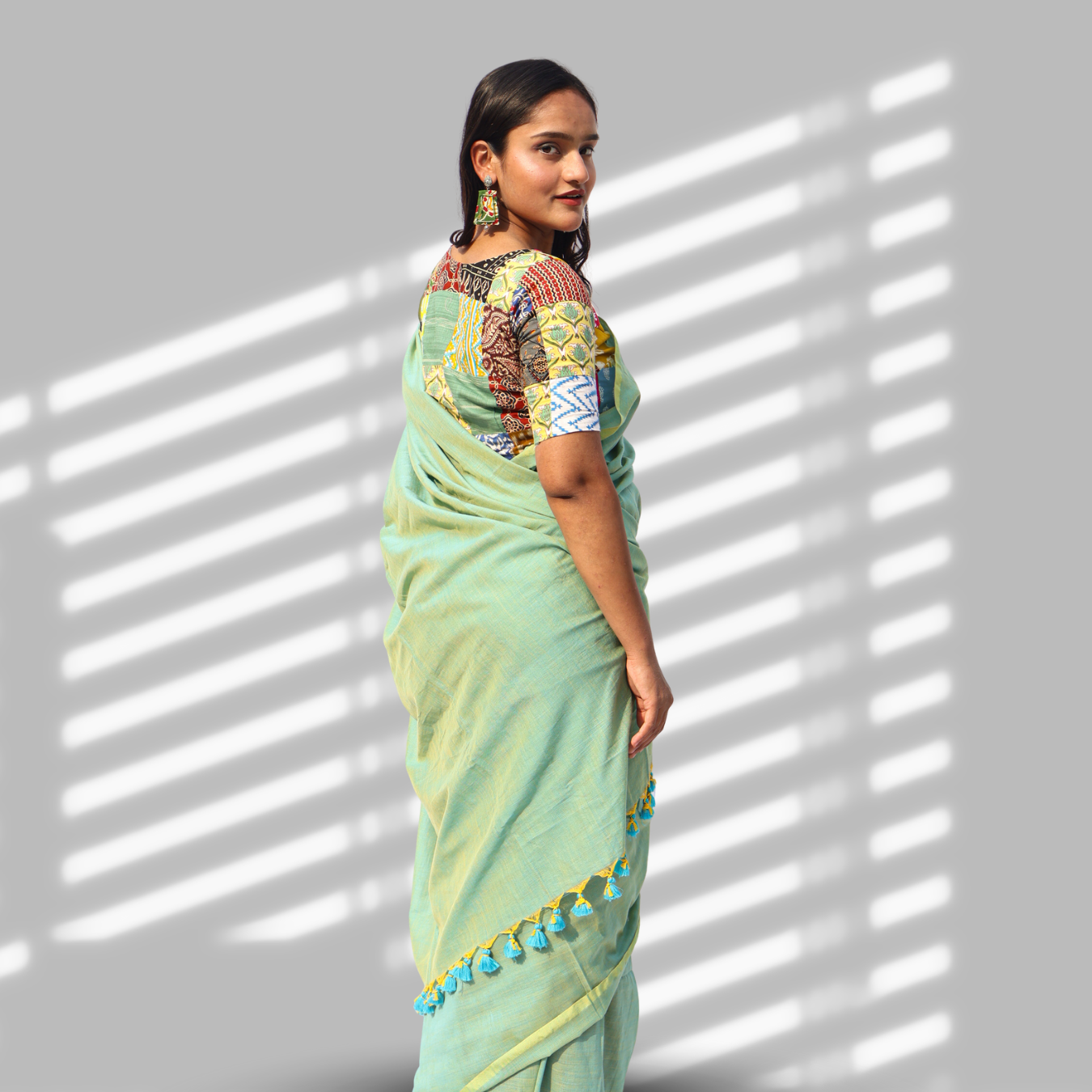 Pallavi Pastel Green Cotton Saree with Patchwork Blouse