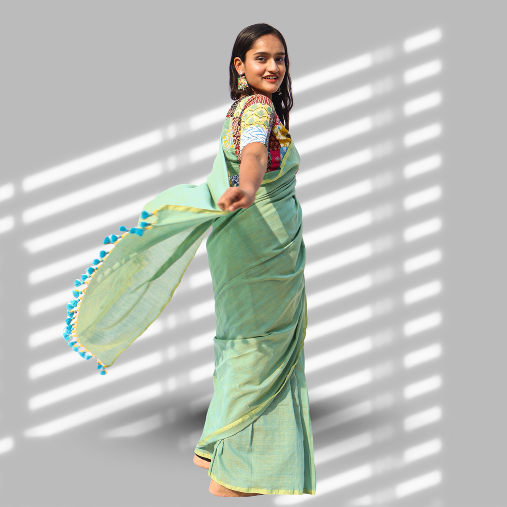 Pallavi Pastel Green Cotton Saree with Patchwork Blouse