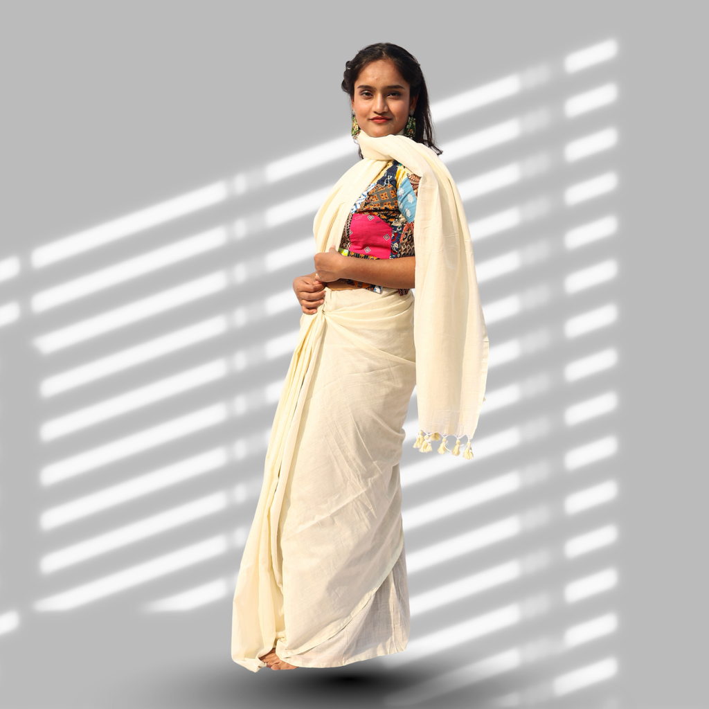 Shweta Off-White Cotton Saree with Patchwork Blouse