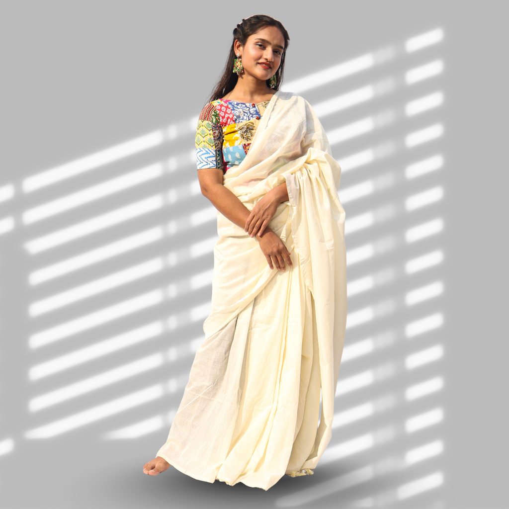 Shweta Off-White Cotton Saree with Patchwork Blouse