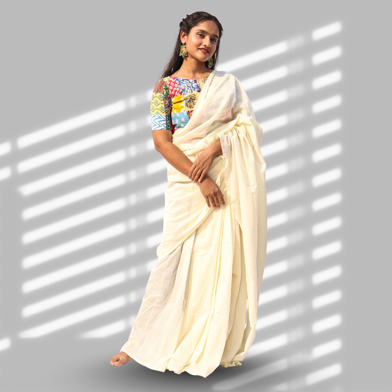 Shweta Off-White Cotton Saree with Patchwork Blouse