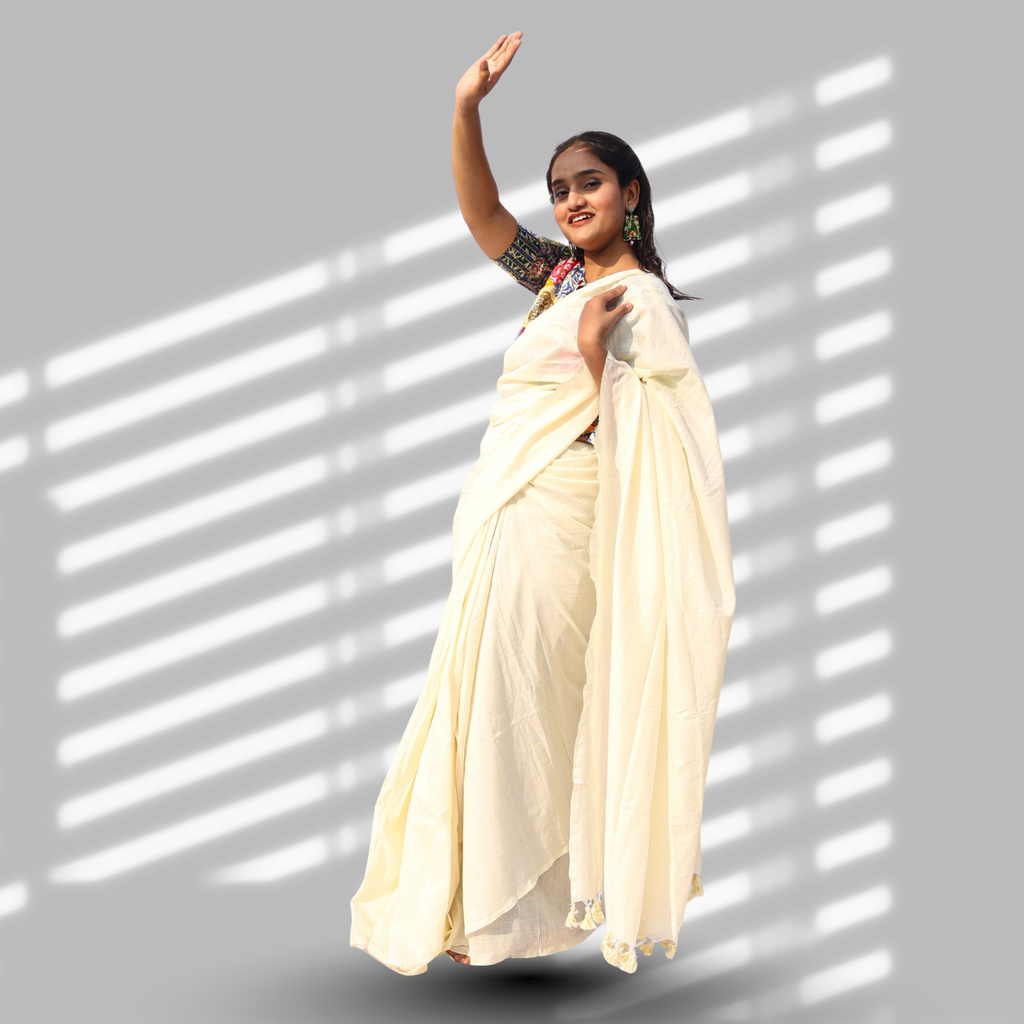 Shweta Off-White Cotton Saree with Patchwork Blouse