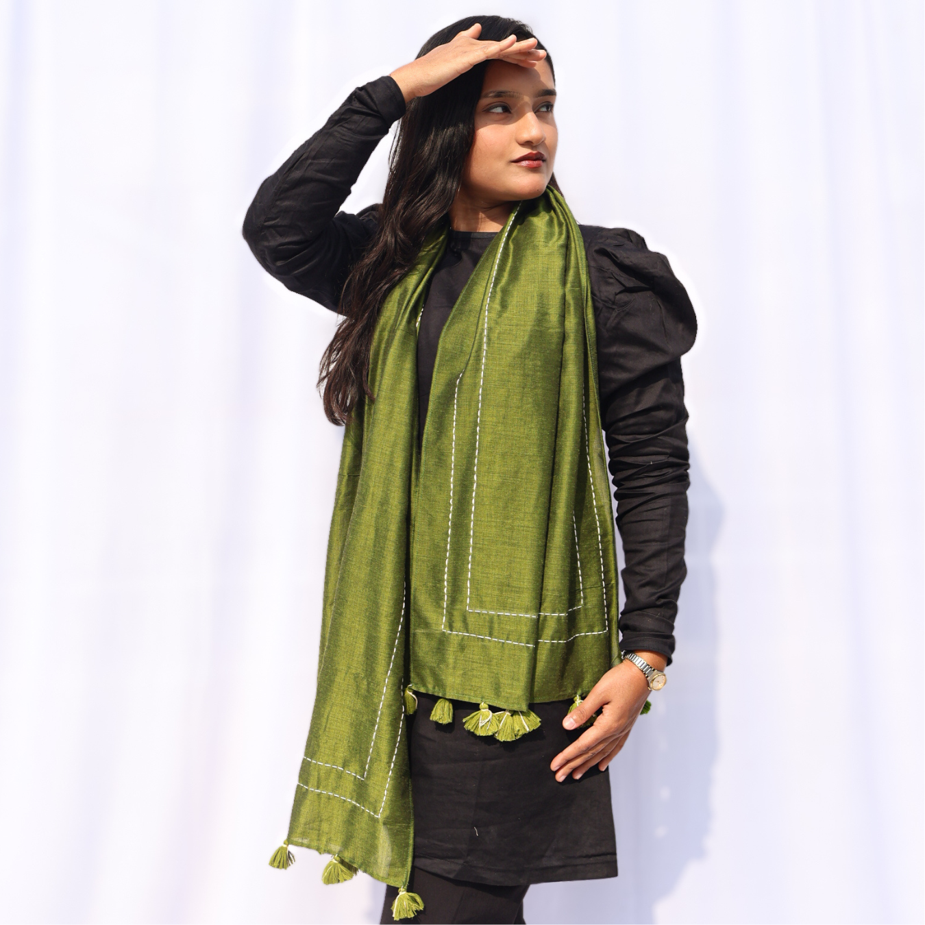 Kantha Dark Olive Green Stole
