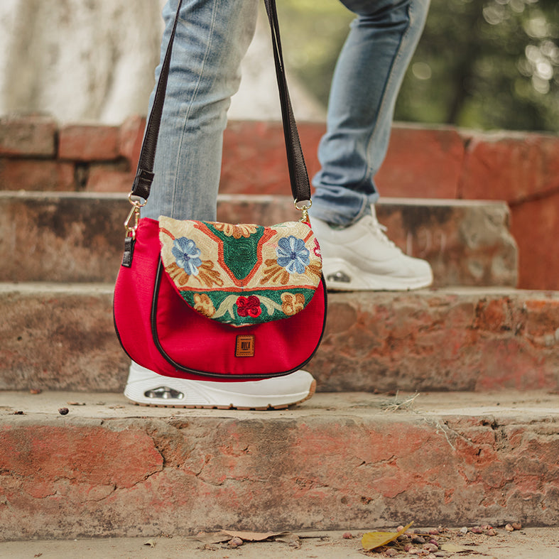 Sillica Red Chain Stitch Hand Embroidery Canvas Sling Bag