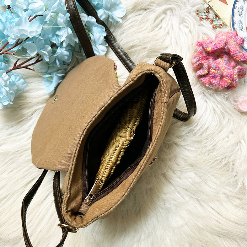 Sillica Beige Chain Stitch Hand Embroidery Canvas Sling Bag