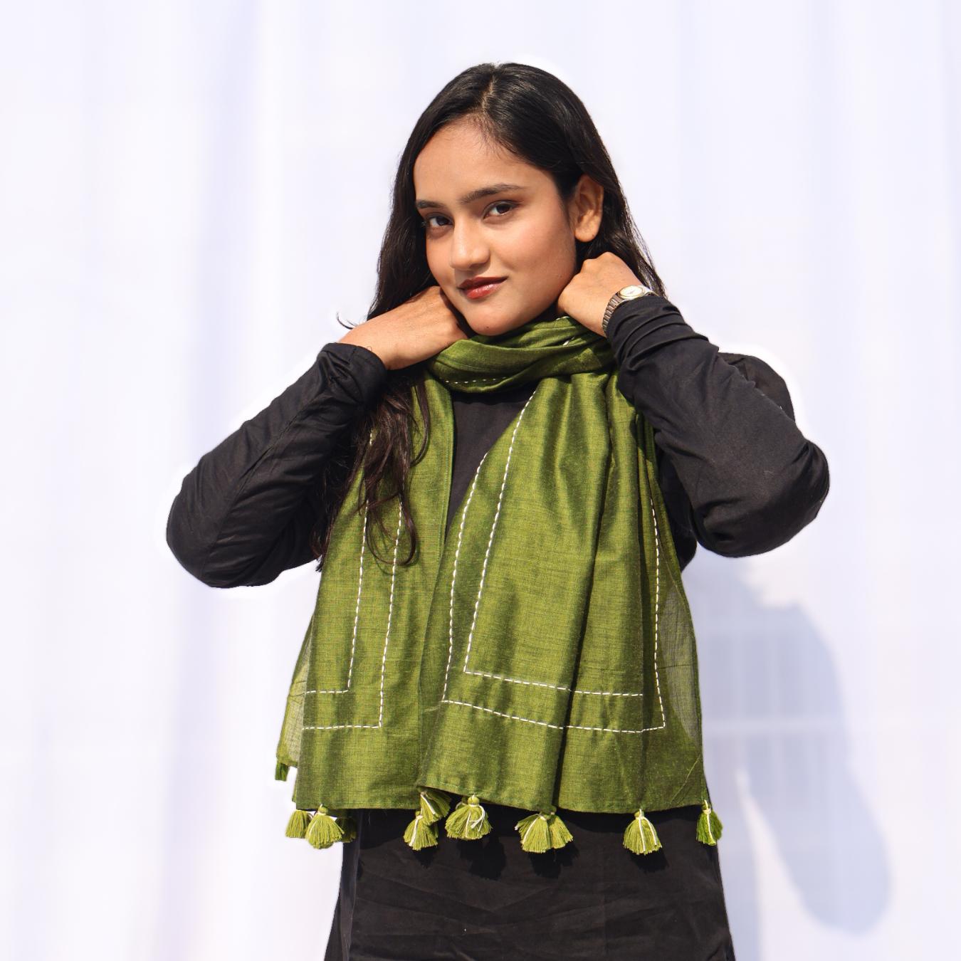Kantha Dark Olive Green Stole