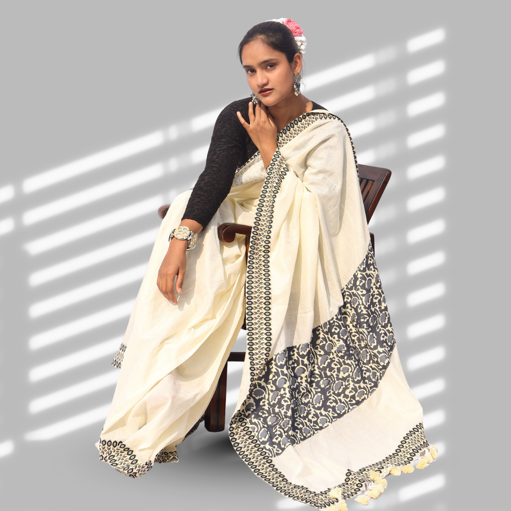 Off White Grey Patch Saree
