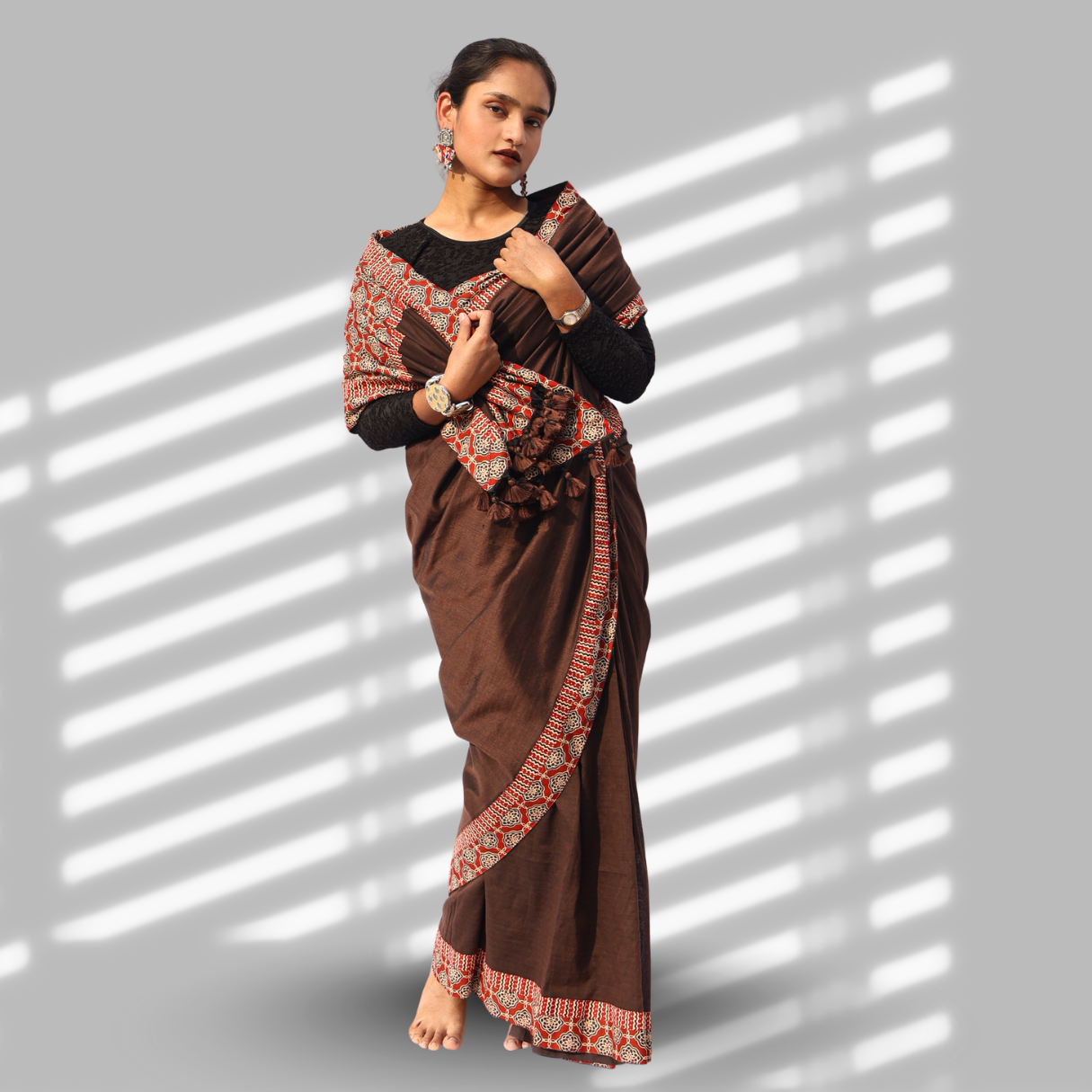 Brown Double Patchwork Saree