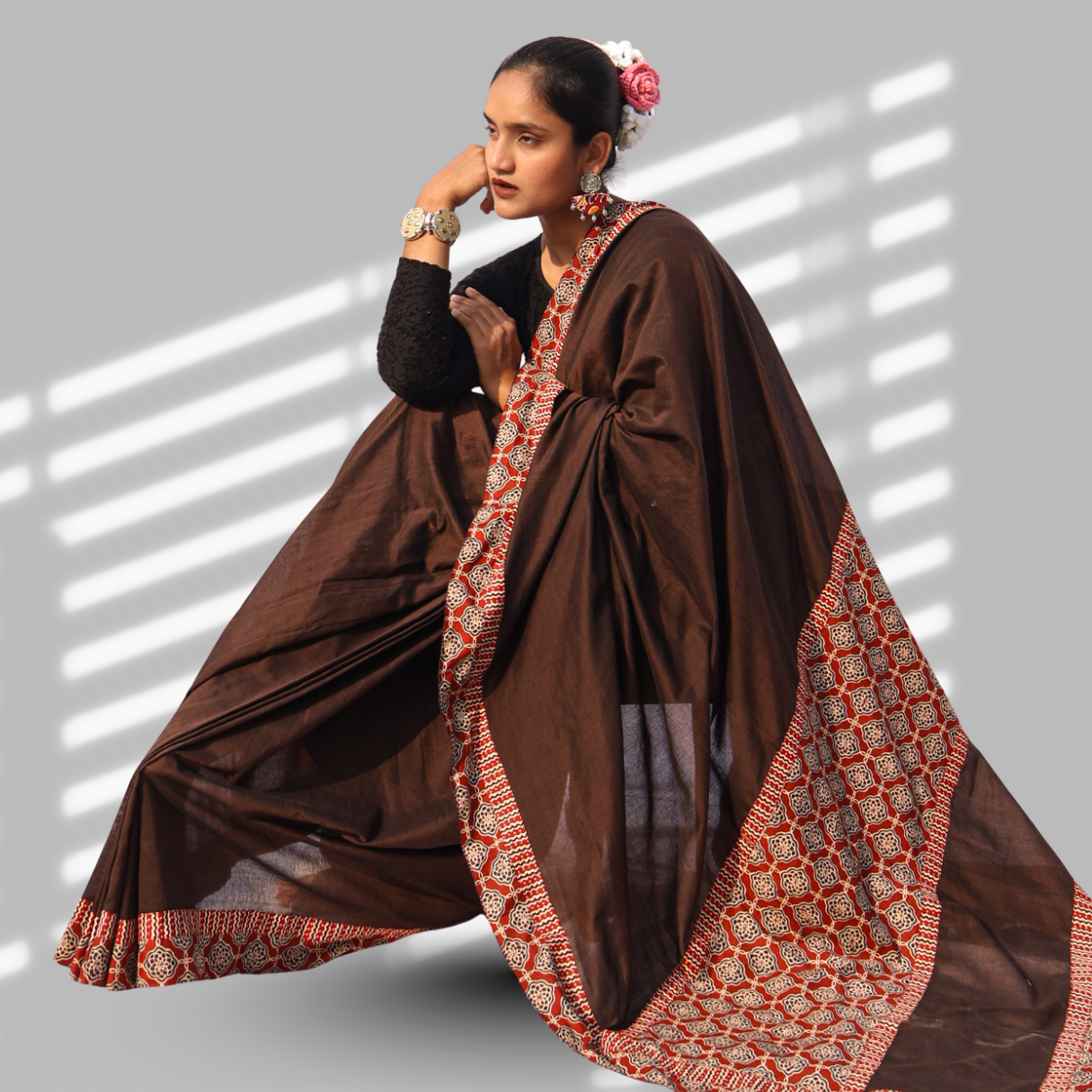 Brown Double Patchwork Saree